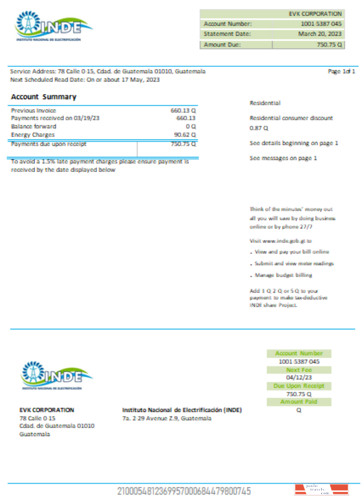 INDE Instituto Nacional De Electrificacion electricity utility business bill, SCR PSD template